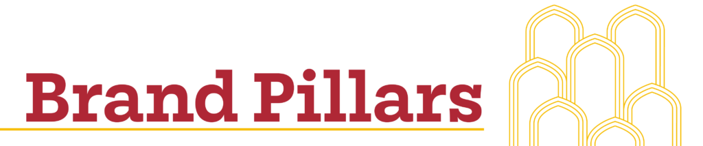 Red text reads "Brand Pillars" with decorative gold colored arches adjacent.