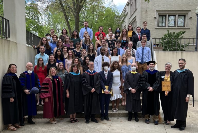 students, faculty, and staff of Phi Beta Kappa on the steps of McGaw Chapel following the Initiation Ceremony on 2022-5-14