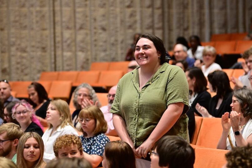 2025 PBK Prize winner Frankie Readshaw smiles to applause in Gault Recital Hall