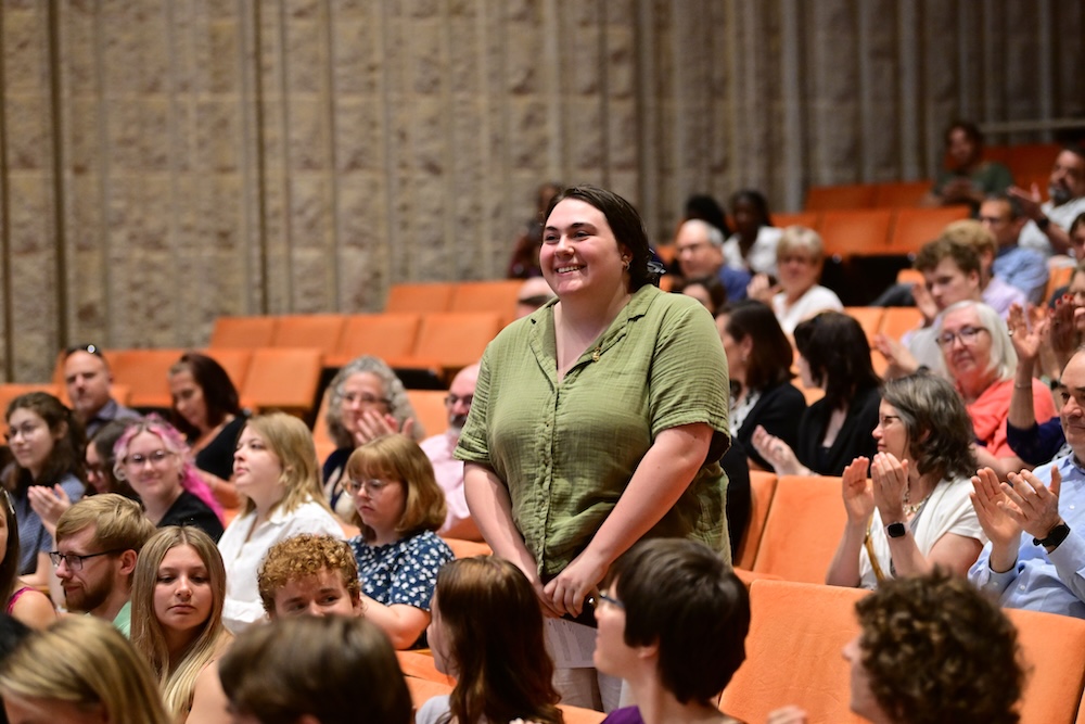 2025 PBK Prize winner Frankie Readshaw smiles to applause in Gault Recital Hall