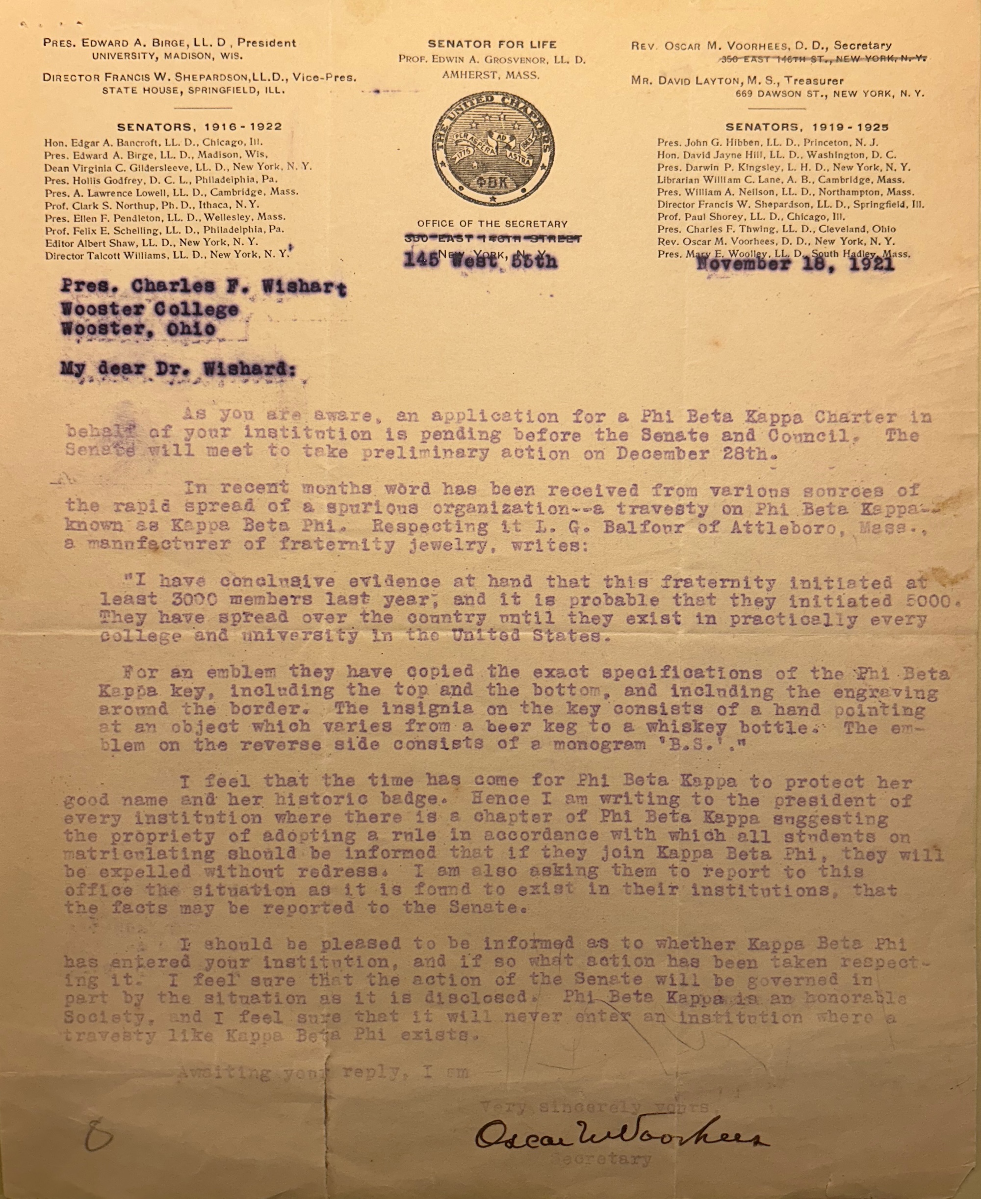 Typed letter to President Charles F. Wishart of The College of Wooster from Rev. Oscar M. Voorhees, secretary of Phi Beta Kappa. Dated November 18, 1921. Voorhees notes that Wooster’s charter application will come before the Senate on December 28, warns of a counterfeit group called Kappa Beta Phi that mimics the Phi Beta Kappa key and claims thousands of initiates, urges colleges to expel any students who join the impostor society, and asks whether the organization has surfaced at Wooster.