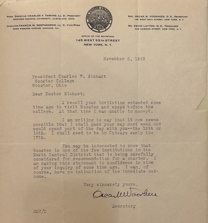 Scanned typed letter on letterhead listing officers Charles F. Thwing (president), Francis W. Shepardson (vice-president), Rev. Oscar M. Voorhees (secretary), and David Layton (treasurer). Dated November 5, 1923, Secretary Voorhees writes to President Charles F. Wishart of The College of Wooster: he can visit the campus on November 15 or 16 and notes that Wooster is being seriously considered for recommendation for a charter.