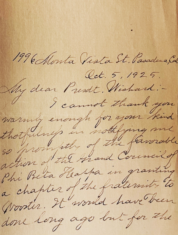 Page 4 of the same typed letter, continuing Bennett’s counsel that Wooster adopt a cautious approach when electing new Phi Beta Kappa members—especially alumni—to avoid unfavorable impressions. He praises President Wishart’s leadership, voices concern that the church’s controversy over evolution is alienating “some of the best brains,” sends regards to Mrs. Wishart, and signs off “W. Z. Bennett.”