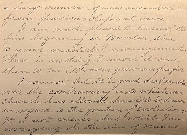 Page 1 of a typed letter on cream-colored stationery headed “1996 Monta Vista St., Pasadena, Cal.” and dated “Oct. 5, 1925.” William Z. Bennett addresses “My dear Presdt. Wishart,” thanks him for promptly reporting that Phi Beta Kappa has granted Wooster a chapter, and remarks that the honor would have come sooner “but for the disloyalty of some persons who owed better allegiance to Wooster.” The text ends mid-page, continuing on a second sheet.