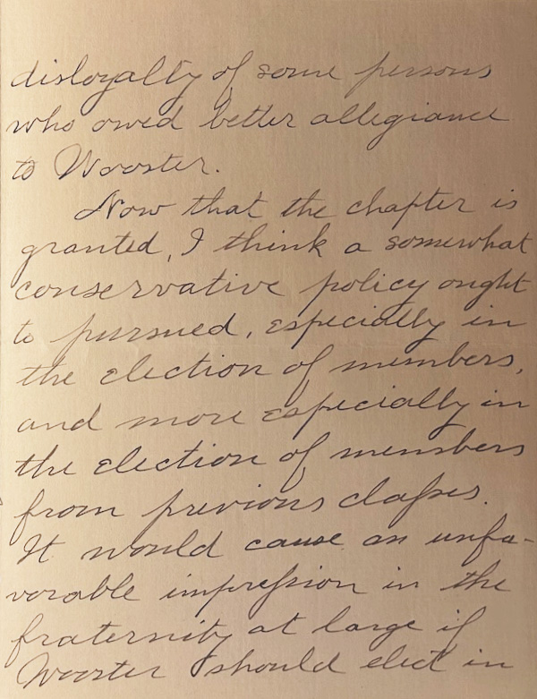Page 2 of a typed letter on cream-colored stationery headed “1996 Monta Vista St., Pasadena, Cal.” and dated “Oct. 5, 1925.” William Z. Bennett addresses “My dear Presdt. Wishart,” thanks him for promptly reporting that Phi Beta Kappa has granted Wooster a chapter, and remarks that the honor would have come sooner “but for the disloyalty of some persons who owed better allegiance to Wooster.” The text ends mid-page, continuing on a second sheet.