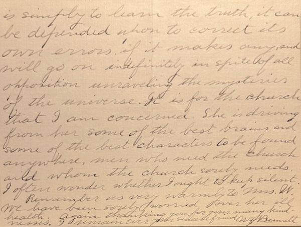 Page 3 of the same typed letter, continuing Bennett’s counsel that Wooster adopt a cautious approach when electing new Phi Beta Kappa members—especially alumni—to avoid unfavorable impressions. He praises President Wishart’s leadership, voices concern that the church’s controversy over evolution is alienating “some of the best brains,” sends regards to Mrs. Wishart, and signs off “W. Z. Bennett.”