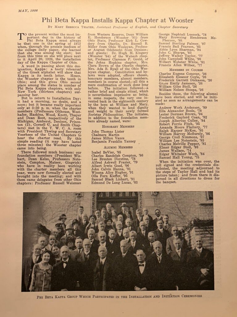 Scan of a 1926 Alumni Bulletin page titled “Phi Beta Kappa Installs Kappa Chapter at Wooster,” featuring a black-and-white group photo of faculty and dignitaries who took part in the installation and initiation ceremonies.
