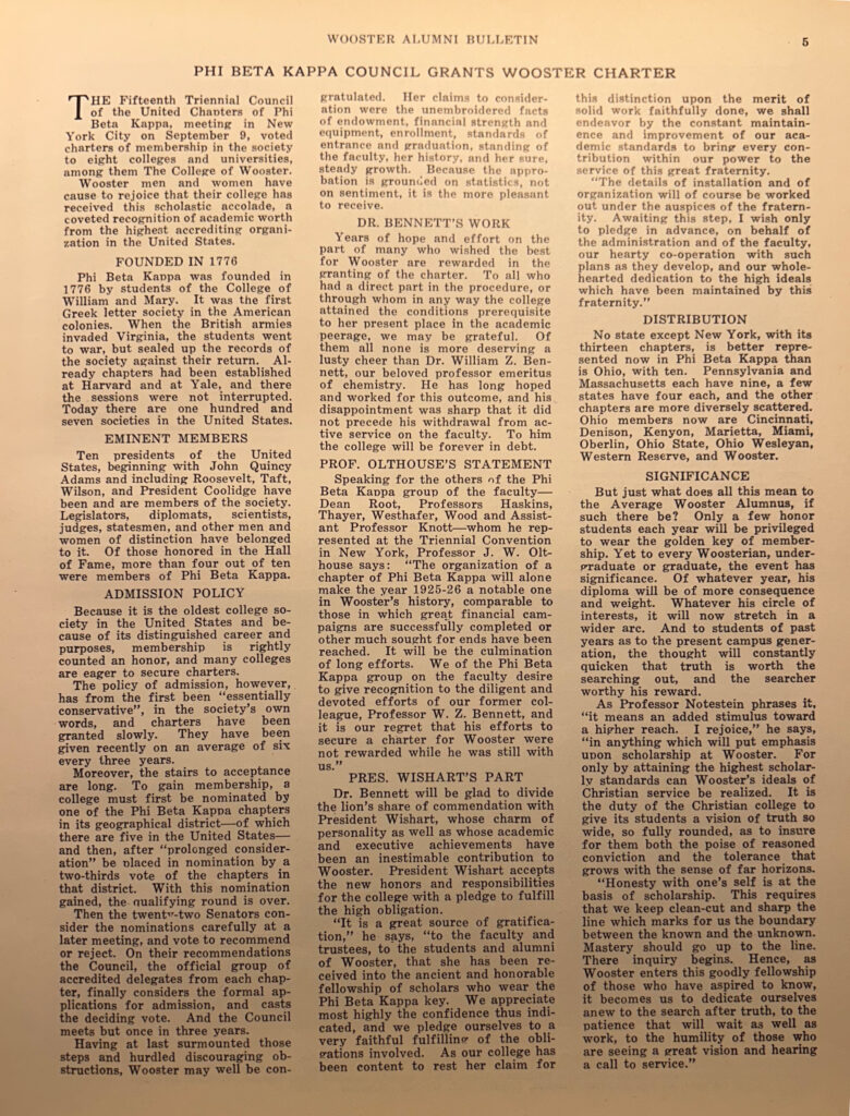 Scan of a 1926 Alumni Bulletin article titled “Phi Beta Kappa Council Grants Wooster Charter,” detailing the society’s foundation, eminent members, admission policy, Dr. Bennett’s contributions, Professor Olthouse’s comments, President Ehishart’s role, the charter’s distribution, and its significance to the College.