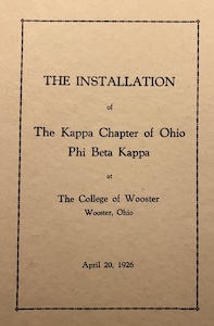 Scanned title page of The Installation of The Kappa Chapter of Ohio Phi Beta Kappa at The College of Wooster, Ohio from April 20, 1926.