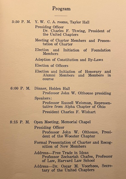 Printed program page (page 1) of The Installation of The Kappa Chapter of Ohio Phi Beta Kappa at The College of Wooster, Ohio on April 20, 1926. It lists three sessions: 3:30 p.m., 6:00 p.m., and 8:15 p.m.