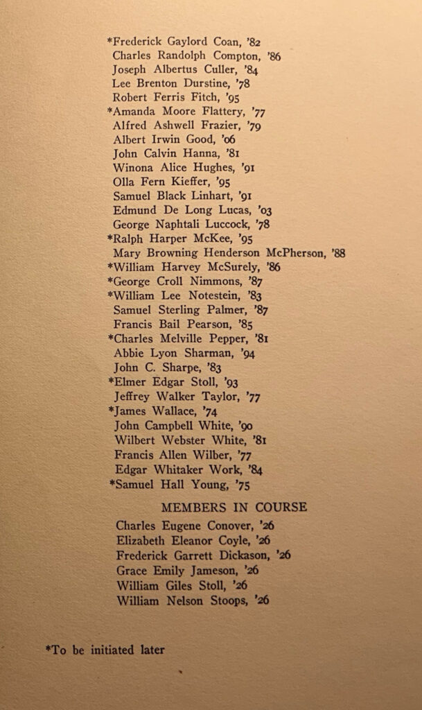 Printed program page (page 3 )of The Installation of The Kappa Chapter of Ohio Phi Beta Kappa at The College of Wooster, Ohio on April 20, 1926. It has a list of members in course.