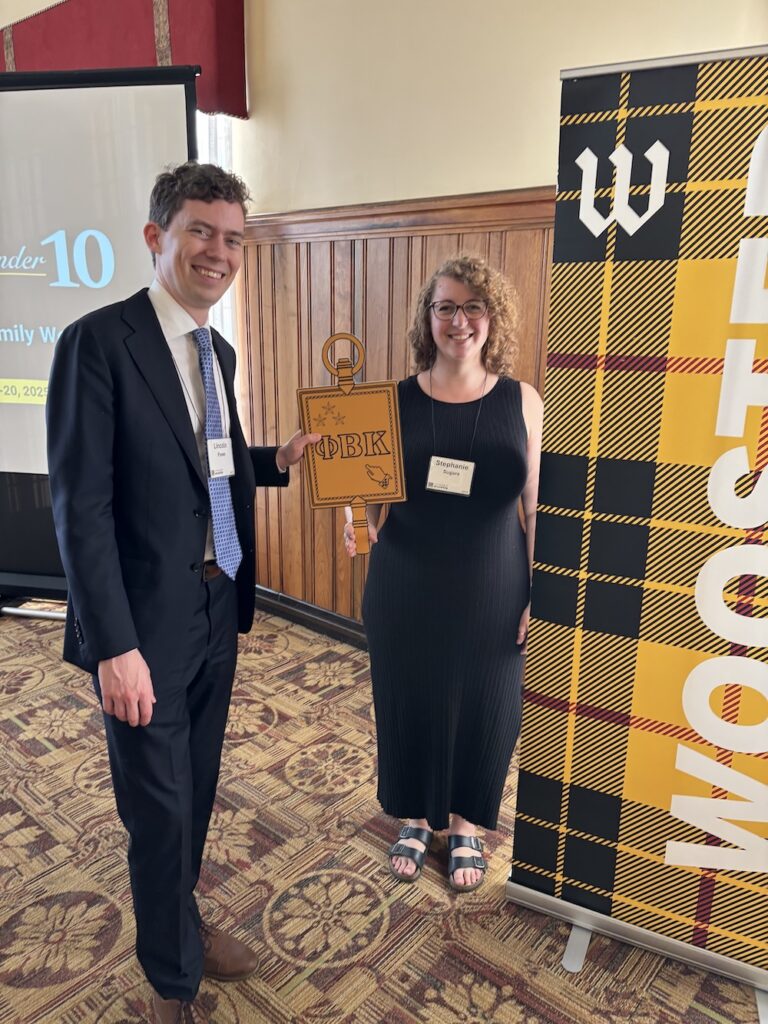 Lincoln Plews and Stephanie Sugars both ‘15 hold a PBK key in Kittredge Dining Hall