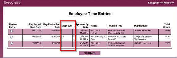 Time Entry showing to be approved by with "Y" for "yes"