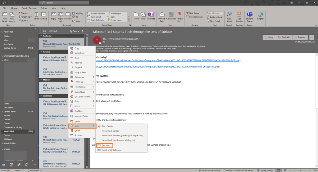 Image of Outlook Desktop Application indicating the menu for moving Junk Mail by right clicking or control clicking on a Mac