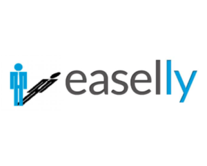 This is the easel.ly logo. It has a stick man figure in blue with a black shadow. The text is all lowercase in black and blue. 