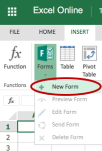 screenshot of Excel online, insert New Form