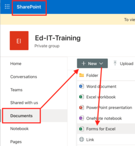 screenshot of SharePoint Documents New to select Forms for Excel