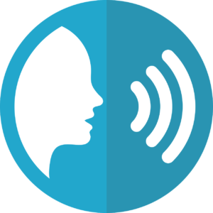 Speech icon with a person speaking with sound waves. The colors are white and blue.