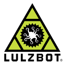 Green triangle with black outlines ad white octopus in the middle. Lulzbot in black text is listed below.