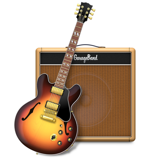 Garage Band's Logo. A guitar resting in front of a brown amplifier.