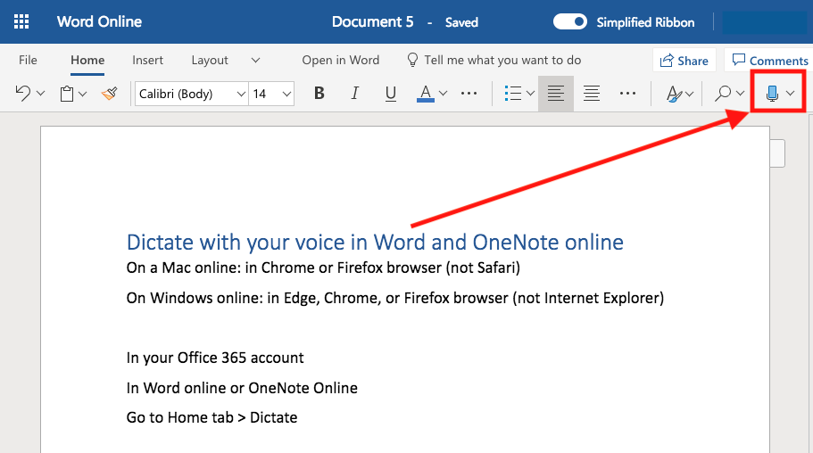image of Word online with arrow pointing to Dictate button.