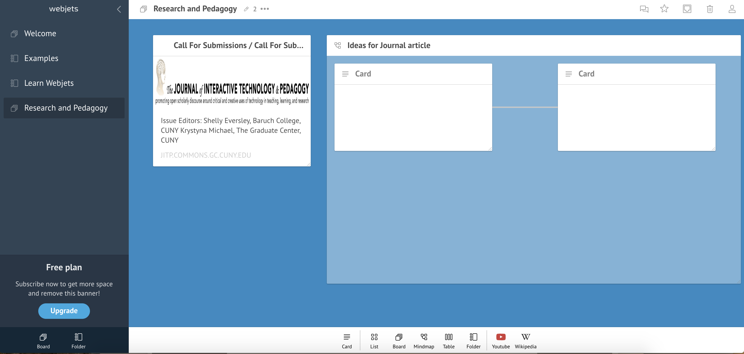 Webjets interface that is a blue background with white cards of information.