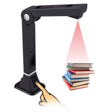document camera shining red light above a stack of books