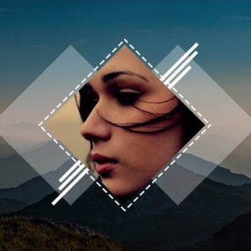 Image of mountains with a series of diamonds over it and a young women's face in the center diamond