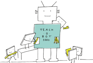 Robot getting information fed into it as a cartoon character