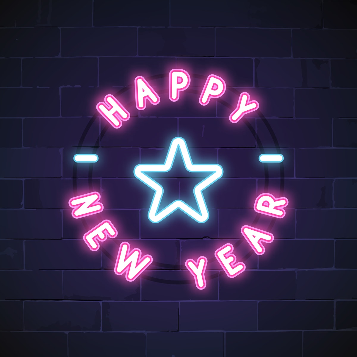 Neon pink and blue lights that say "Happy New Year" with a blue star in the center.