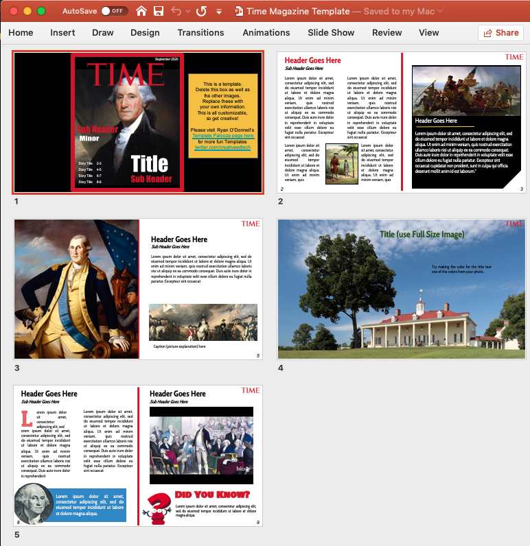 screenshot of the slides in a PowerPoint template used to create a Time magazine layout.