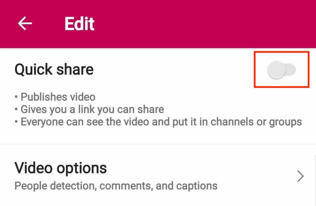 screenshot of Microsoft Stream mobile quick share settings
