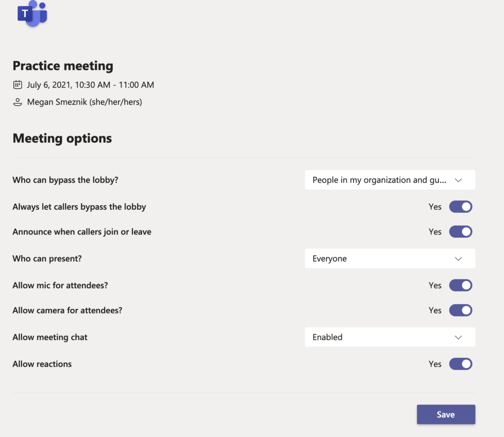 Screenshot of Teams Meeting settings