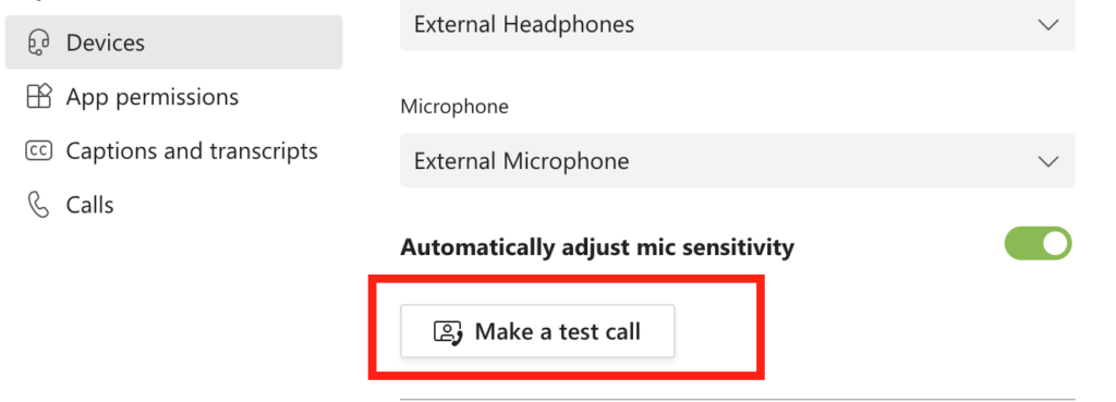 Test call screen in Teams with a red box.