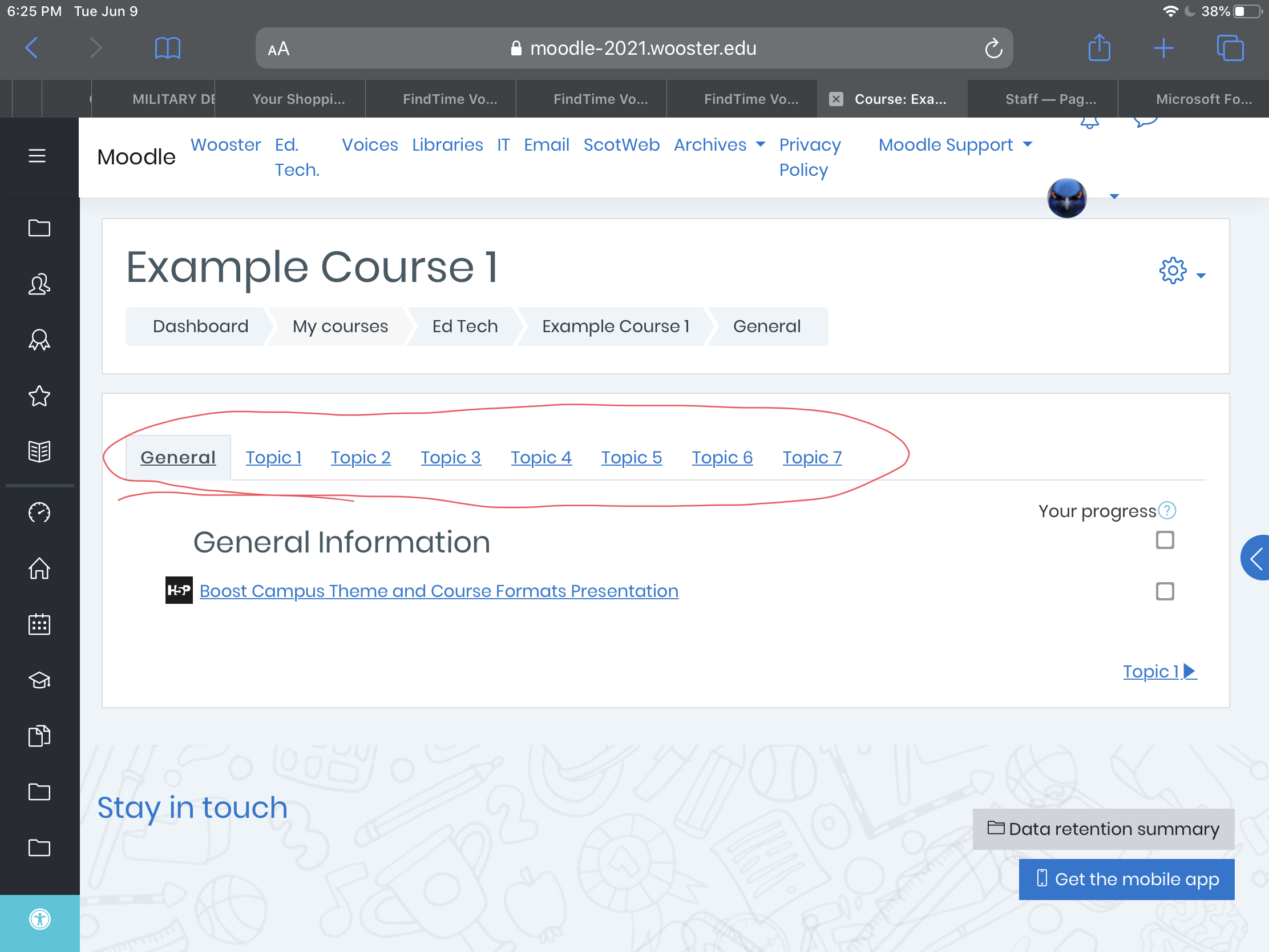 Screenshot of Example Course 1 in Moodle using trhe Moove theme and Onetopic course format. Tabs in the Onetopic format are circled..