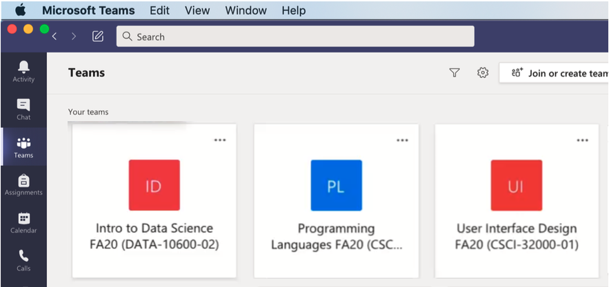 Grid view of Microsoft Teams showing the Class Teams created via Moodle.