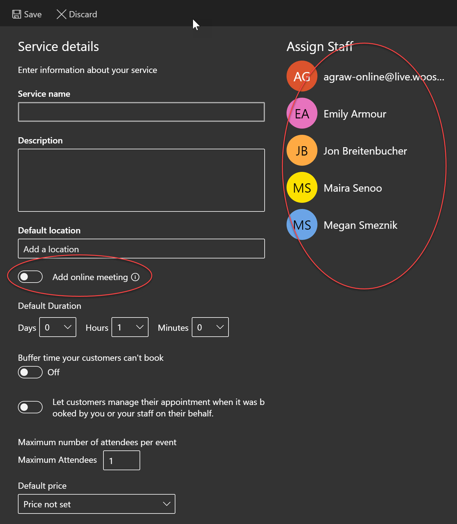 Screenshot of the add a service page with online meeting option and staff circled in red.