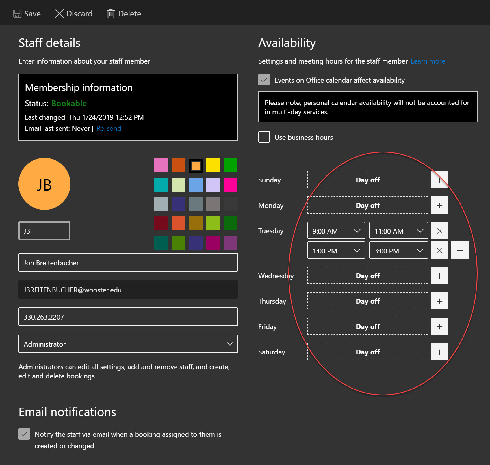 Screenshot of individual staff members page in Bookings with hours of availability circled in red.