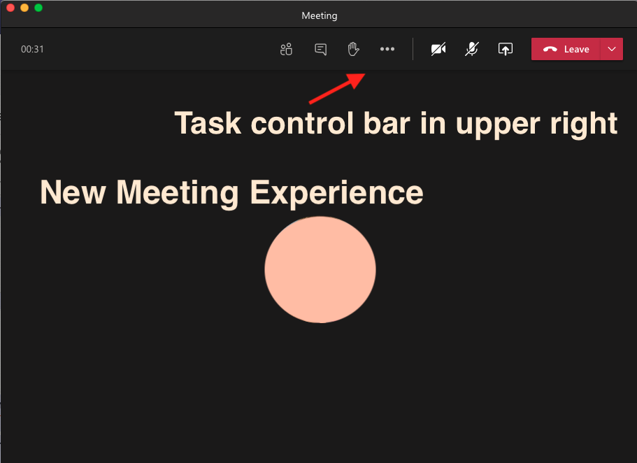 New Meeting Experience with arrows showing the task bar