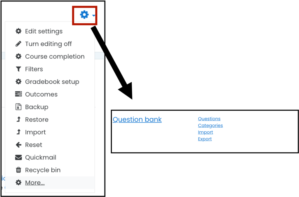 Screenshot showing how to get from edit settings to question bank