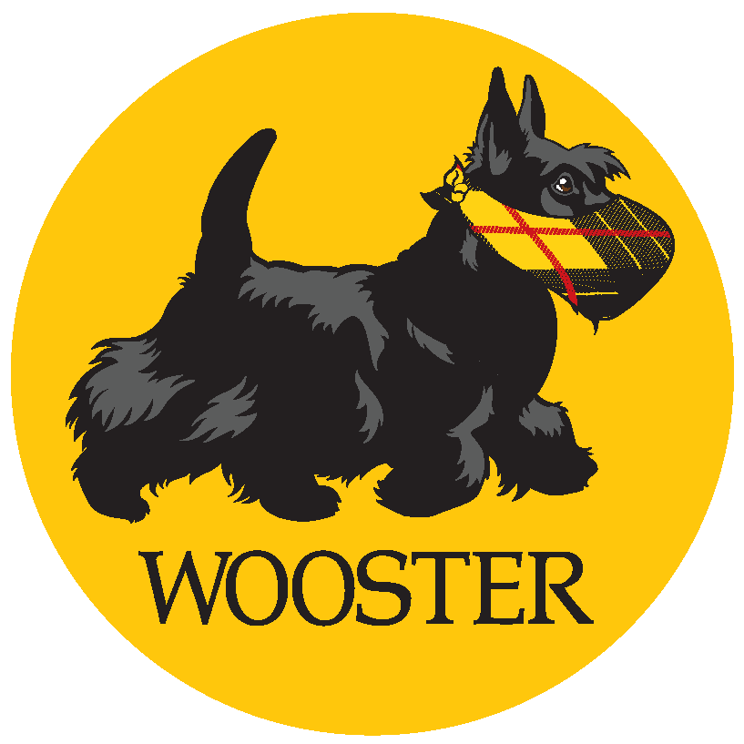Black Scottish Terrier wearing a mask with a yellow circle background with the word Wooster on it.