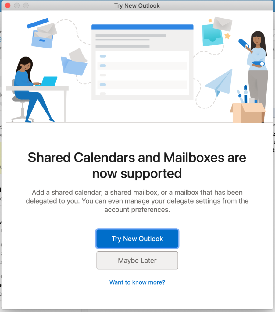 Screenshot of the shared calendars and mailboxes for Outlook