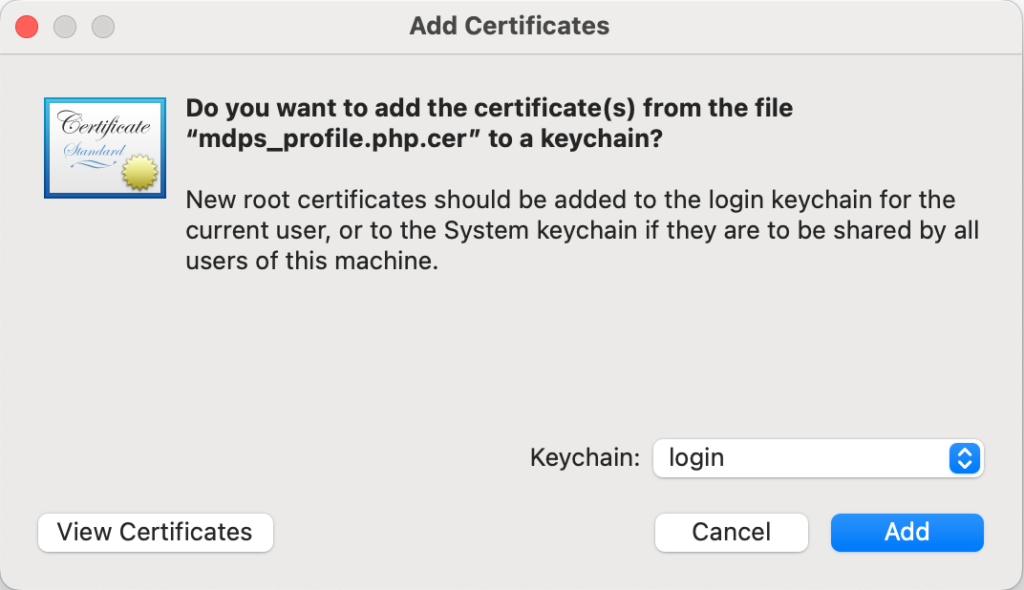 Certificate keychain prompt