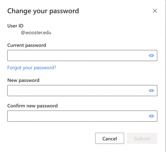 Entry of current password to reset with new and confirm password entries