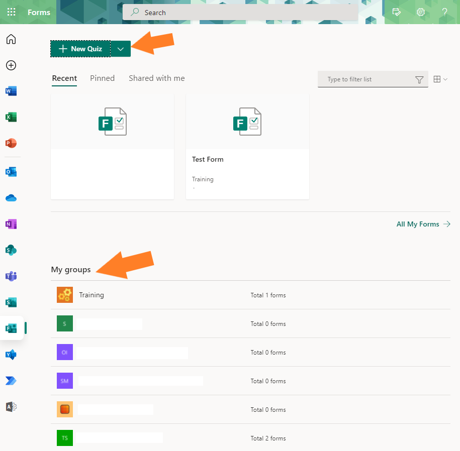 This image points to the New Quiz button and the My Groups section in Microsoft Forms.