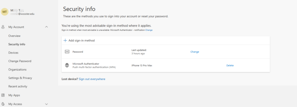 List of MFA methods for a Microsoft account