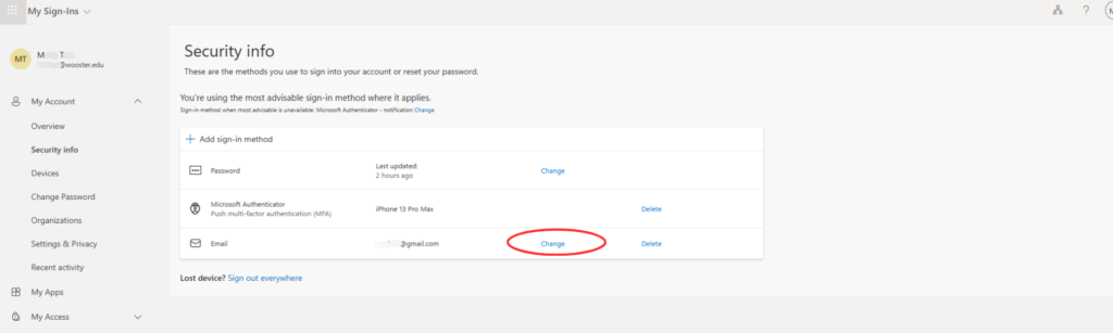 Picture of an MFA list in a Microsoft account with the word change circled in red.