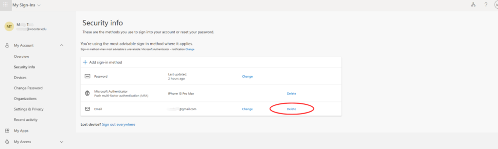 A picture of an MFA list with Delete circled in red.