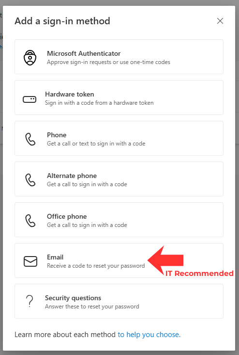 List of available options for MFA through Microsoft