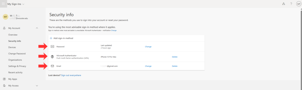 List of Security Info page in Microsoft account